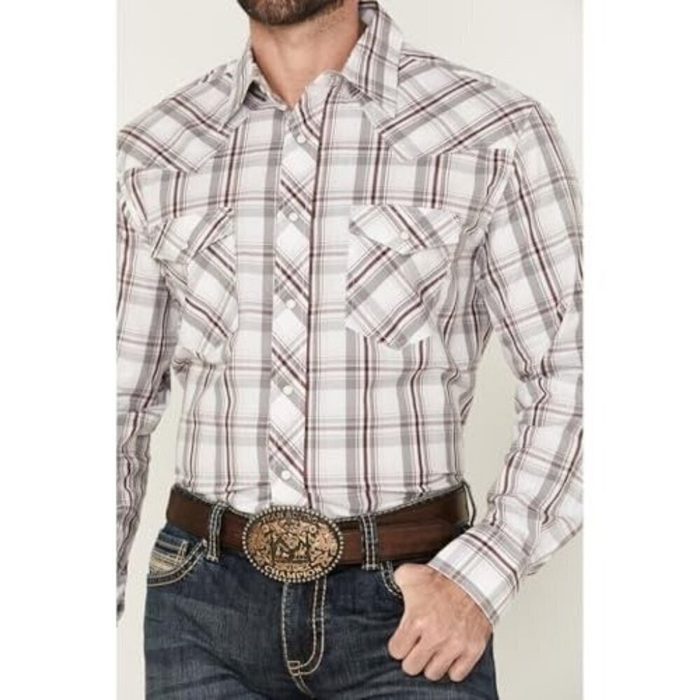 Wrangler 20X Men's Long Sleeve Competition Plaid Snap Shirt White/Gray/Burgundy